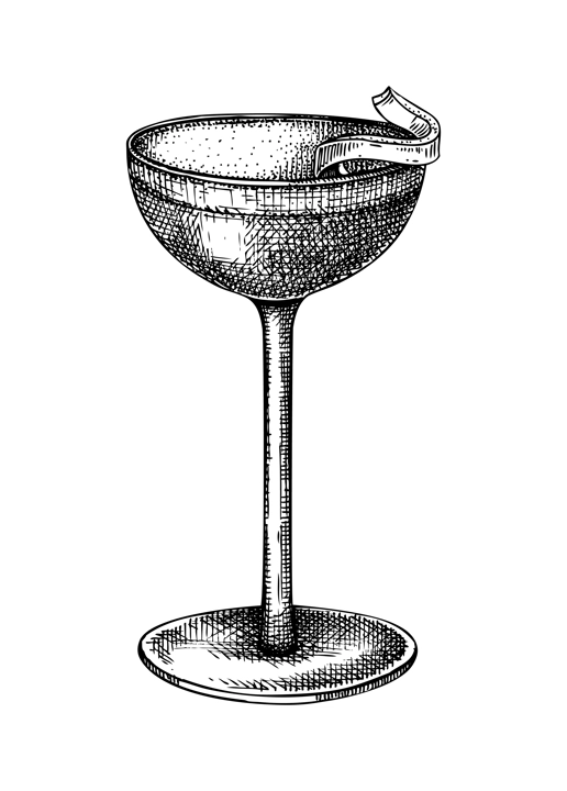 Hand-sketched Jack Rose cocktail illustration. Vector sketch of alcoholic drink in elegant glass. Apple brandy cocktail with applejack, grenadine, lemon or lime juice hand-drawing isolated on white